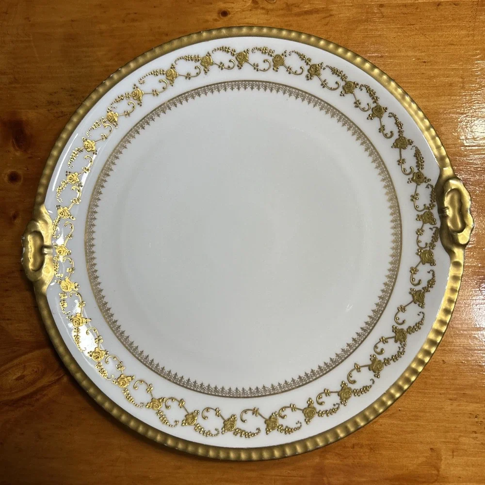 B&H Limoges France Vintage Porcelain Cake Plate Gold Rose Garland Scalloped